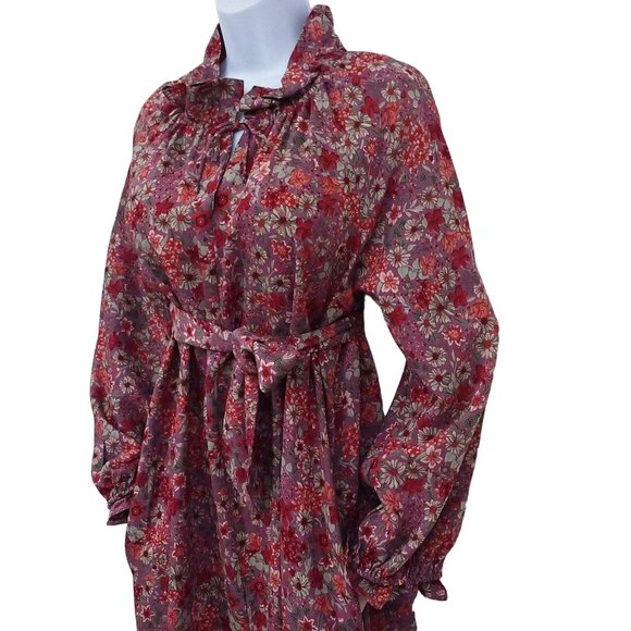 Vintage 80s Neil's Apparel Floral Shift Dress L(12) Pockets Ruffles Bow Belt - Picture 3 of 11
